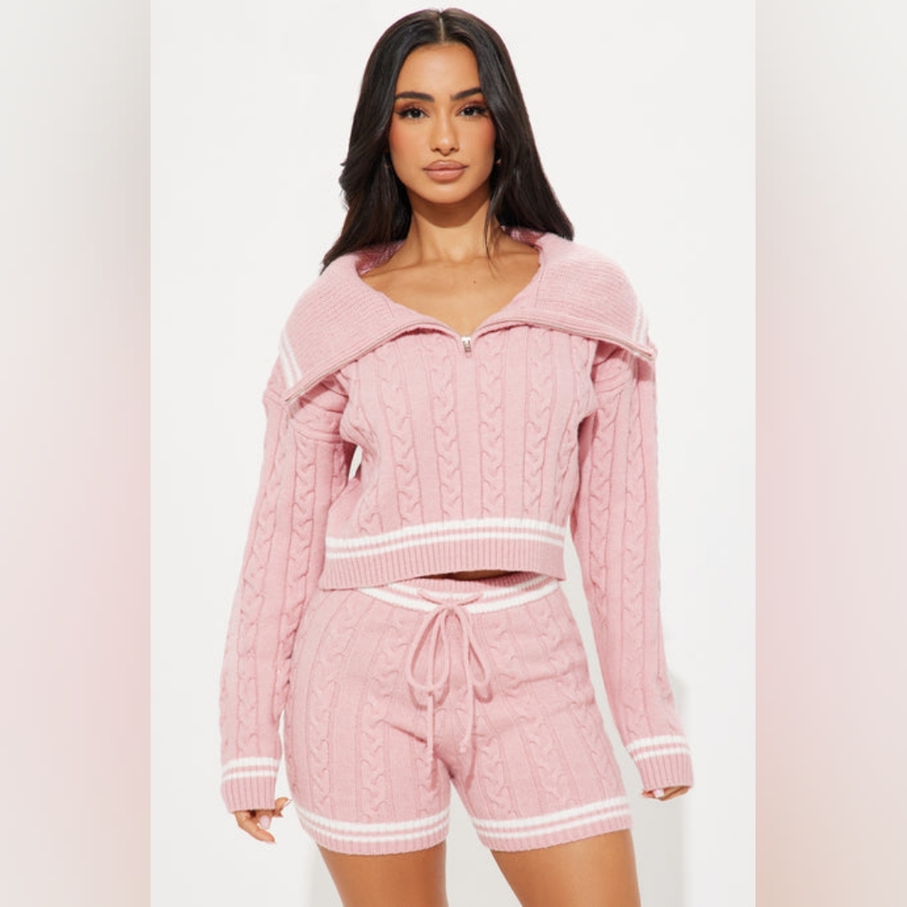 Fashion Nova Pink Cable Knit Sweater and Shorts Set